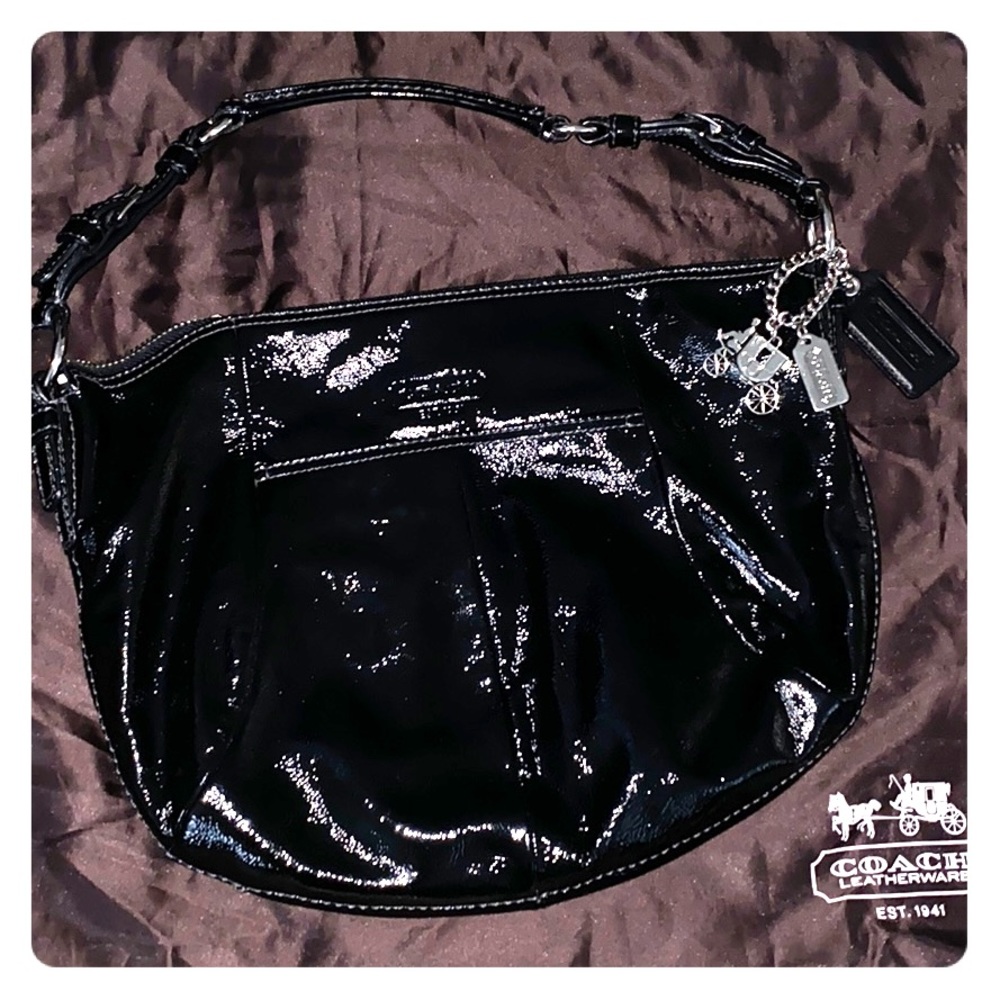 Coach black patent leather hobo handbag